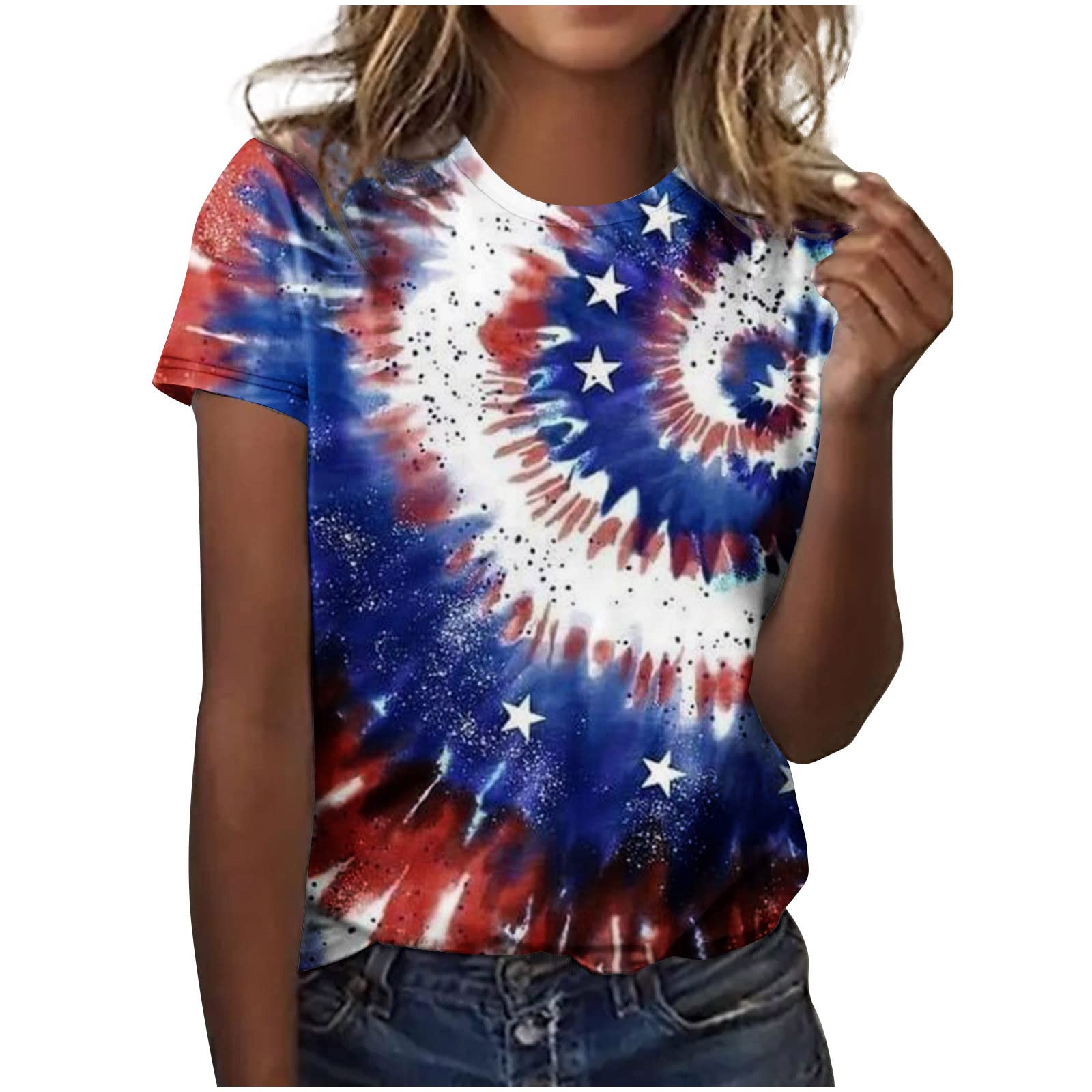 Women's Casual Summer Tops - 4th of July Round Neck Loose Fit Short Sleeve T-Shirt | Breathable Cotton Tunic Tee for Independence Day Celebrations, Beach Outings & Everyday Wear