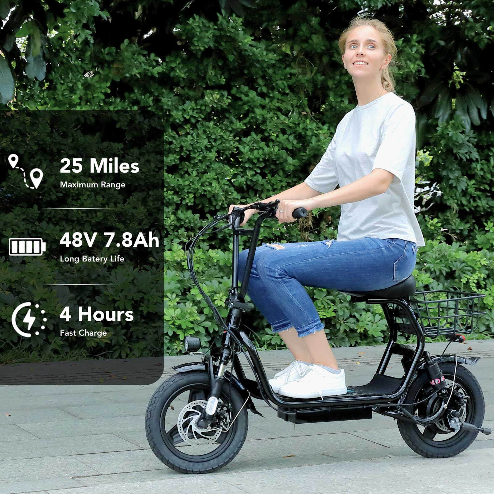 Caroma Peak 1200W Foldable Electric Scooter with Seat - 14 Inch Fat Tire Adult E-Scooter, 500Wh Battery for 30 Mile Range & 20 MPH Speed - Perfect for Commuting, Shopping & Urban Travel with Basket & Shock Absorption