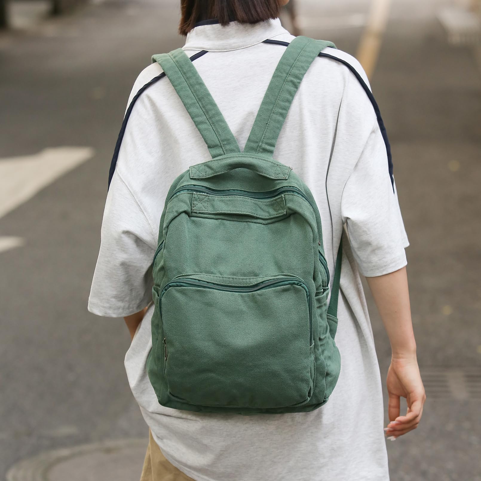 Stylish Vintage Green Canvas Mini Backpack for Women & Teen Girls - Cute Aesthetic Small Purse Bookbag for School, Travel & Everyday Use