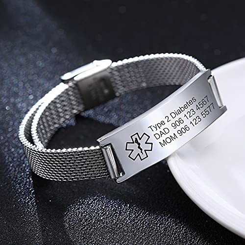 VNOX Adjustable Stainless Steel Medical Alert Bracelet for Men, Women & Kids - Free Engraving Emergency ID Wristband | Perfect for Allergies, Diabetes, Heart Conditions & Daily Wear