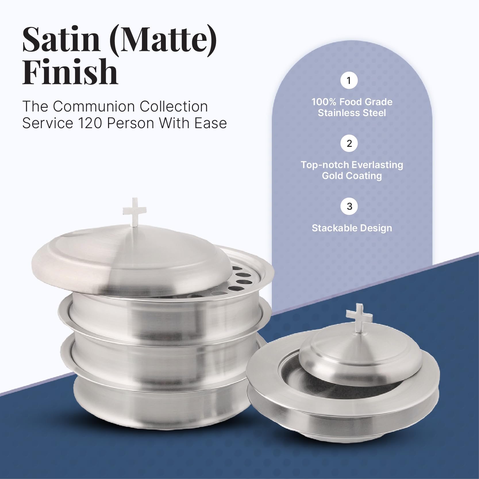 Stainless Steel Communion Ware Set - 3 Holy Wine Serving Trays with Lids & 2 Stacking Bread Plates with Lids - Matte Finish for Church Services, Religious Ceremonies, and Home Worship