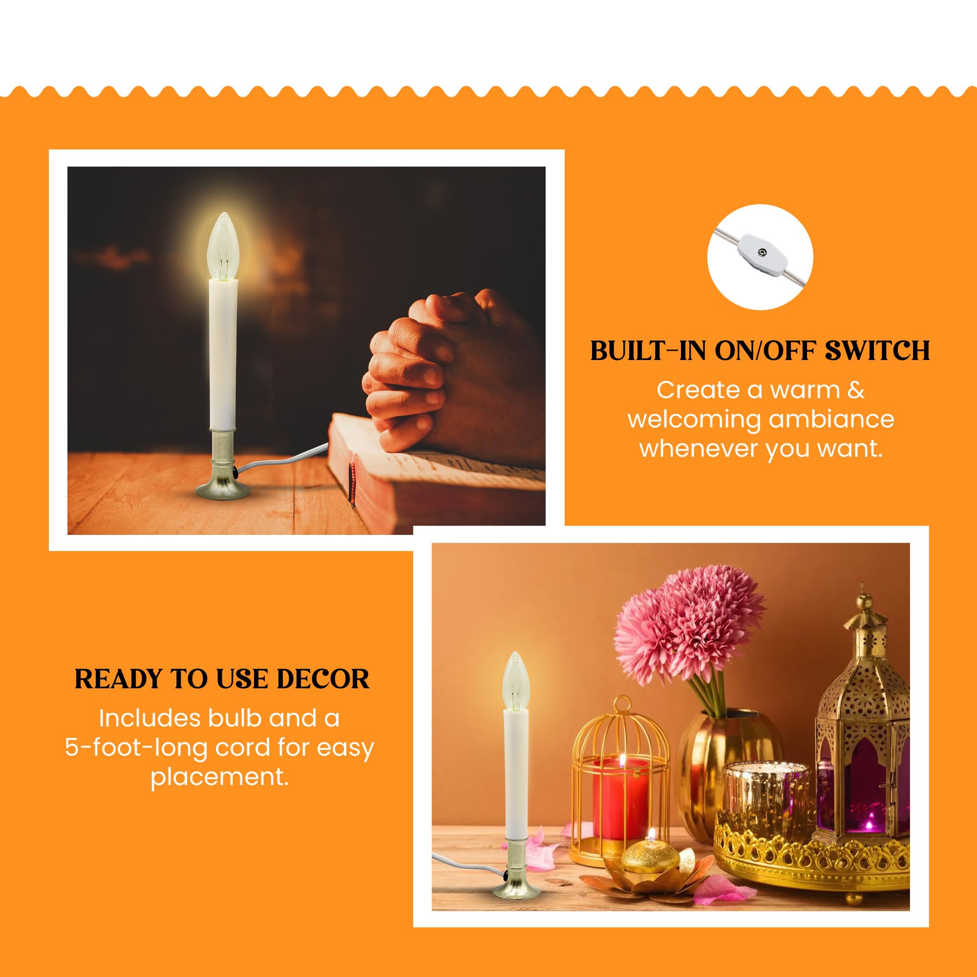Creative Hobbies® Electric Window Candle Lamp - Brass Plated Base with On/Off Switch & Included Light Bulb - Ready to Use Holiday Decor for Christmas, Winter & Home Decoration