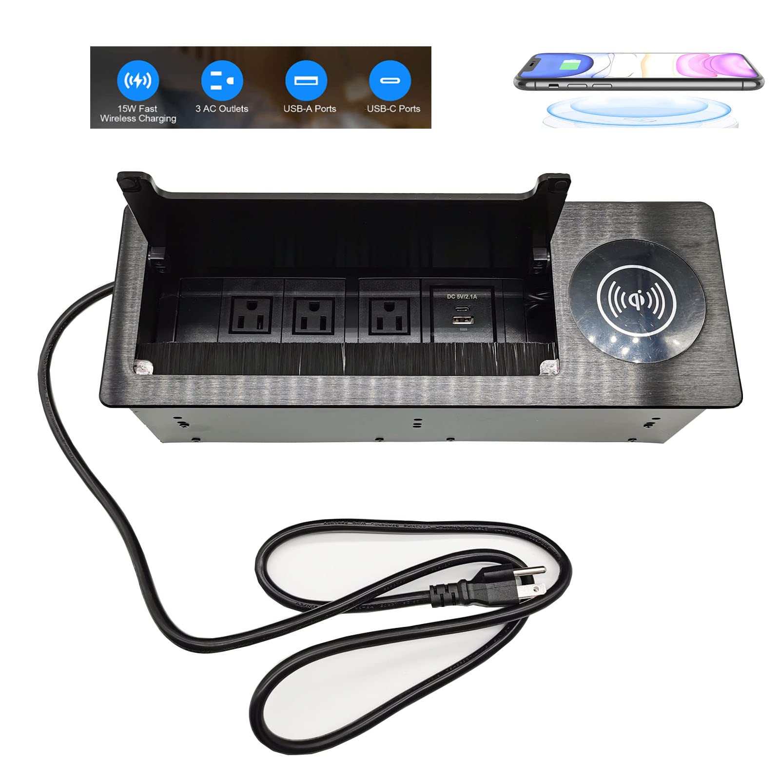 15W Fast Wireless Charger & 18W USB C Charger Embedded Desk Outlet - Conference Table Power Hub with 4.9ft Cord for Office & Home Workspaces (Brushed Black) | Ideal for Meetings, Remote Work & Home Office Setups