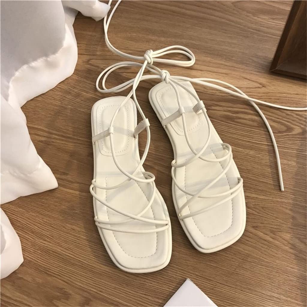Women's Summer Sandals - Sexy Cross Lace Up Open Toe Roman Beach Sandals (White, Size 35) | Comfortable Flat Shoes for Beach Vacation, Walking & Casual Outfits