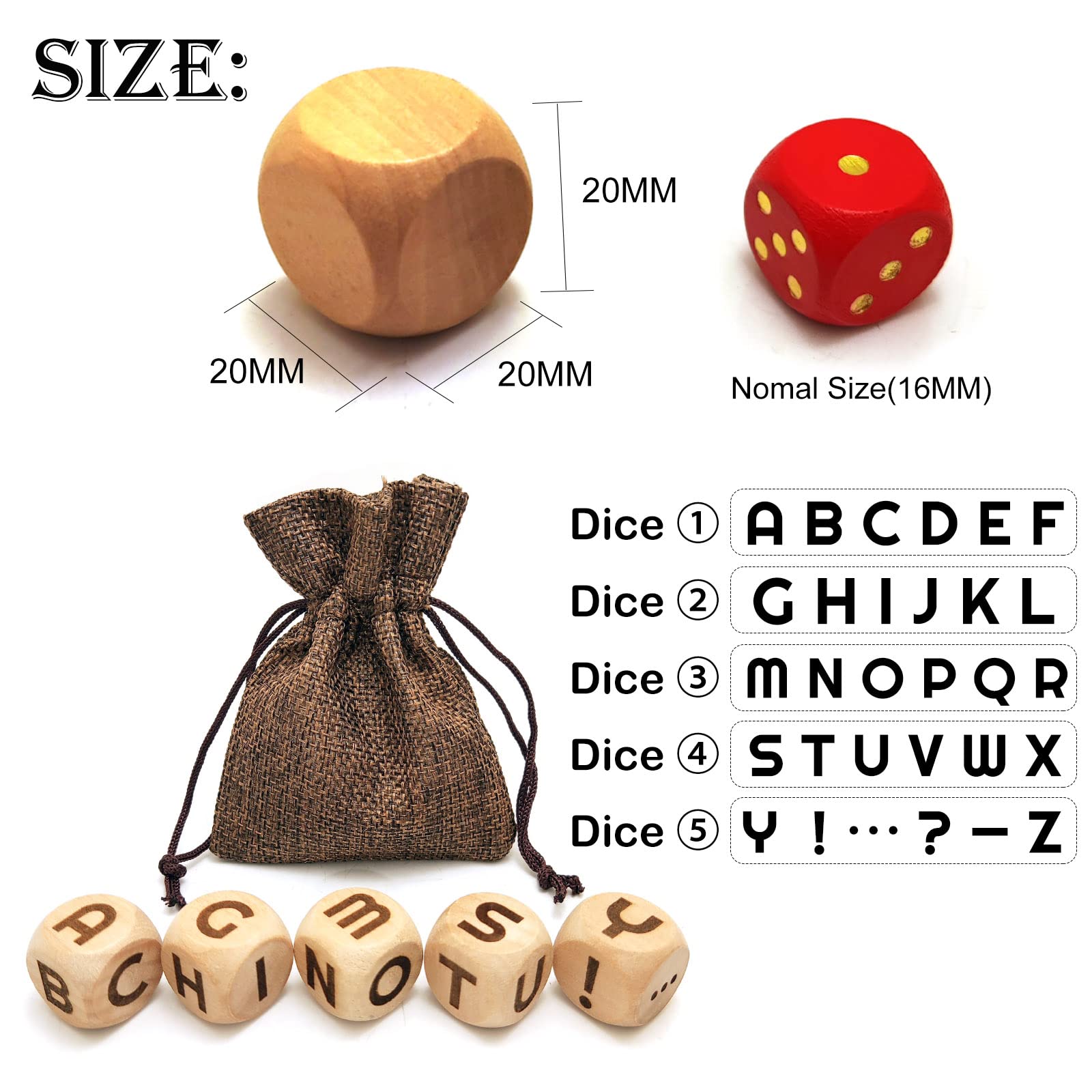 20MM Creative Wooden Letter Dice Set - 5 Pieces Laser Engraved A-Z Alphabet Cubes for Board Games, Party Games & Family Game Night (Perfect for Scrabble, Word Games & Educational Activities)