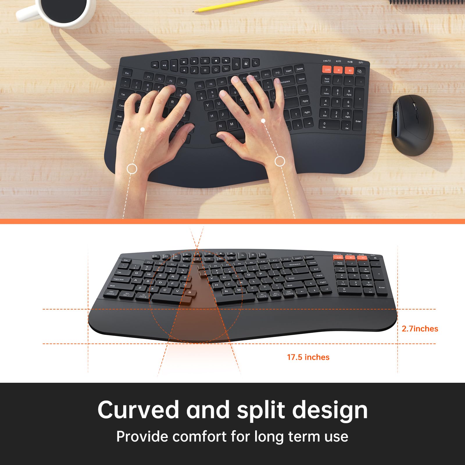 Ergonomic Wireless Keyboard and Mouse Combo - Silent Vertical Mouse with Cushioned Wrist Rest, 2.4G & Bluetooth Dual-Mode for PC/Mac (Black) - Perfect for Office Work, Gaming & Long Typing Sessions
