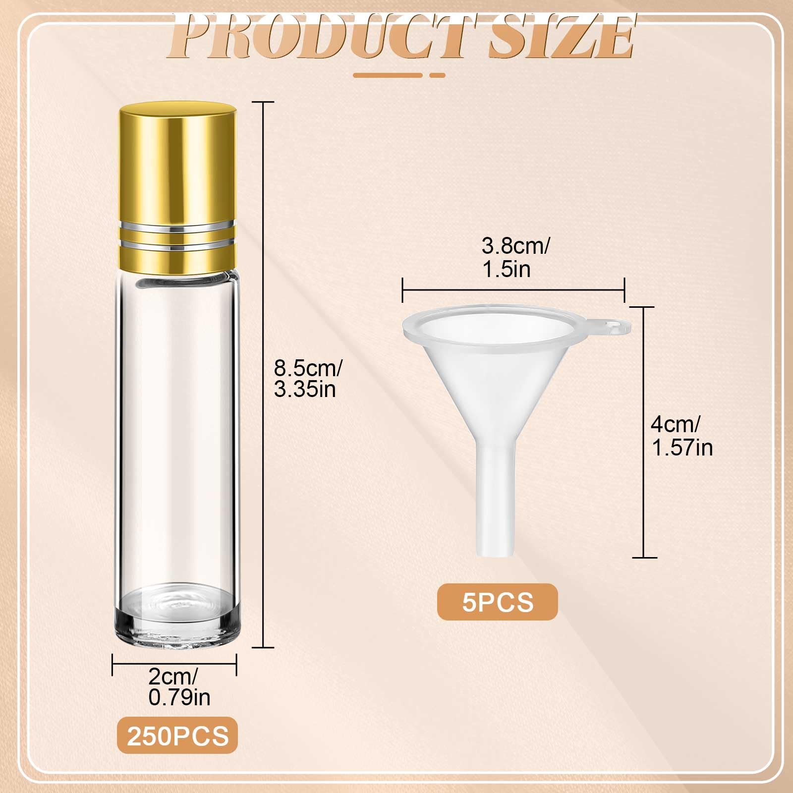 Sumind 250 Pcs 10ml Empty Essential Oil Roller Bottles with Stainless Steel Balls - Leakproof Glass Roll On Bottles with 5 Funnels for DIY Perfume, Aromatherapy, Travel & Gift Making (Clear with Gold Cap) - Perfect for Home Spa, Yoga Relaxation and On-the-Go Aromatherapy
