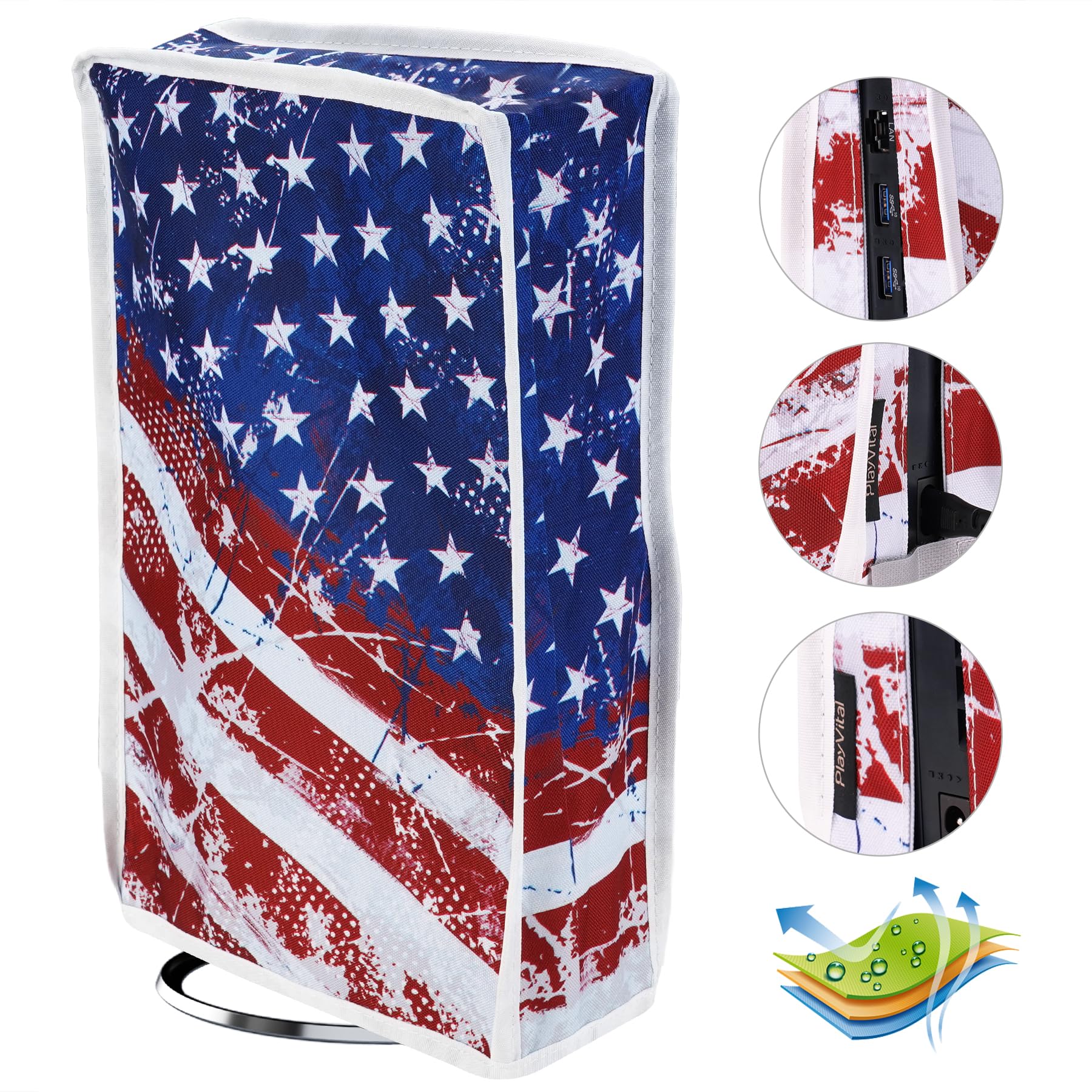 PlayVital PS5 Slim Disc Edition Vertical Dust Cover - Nylon Waterproof Dust Proof Protector Sleeve for New Smaller Design Console (US Flag Print) - Perfect for Gaming Setup Protection & Travel Storage