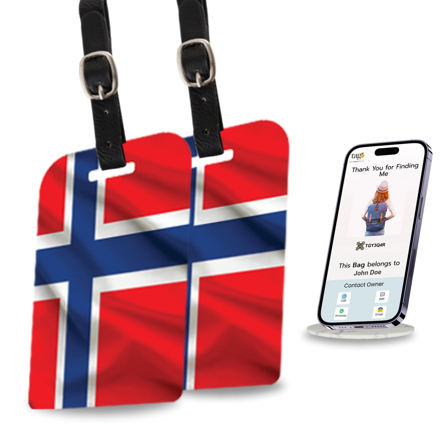 2-Pack Norway Flag Luggage Tags with Airport Tracer Code - Durable Suitcase & Handbag Tags for Travel Security | Prevent Lost Baggage | Perfect for Airports, Cruises & Business Trips