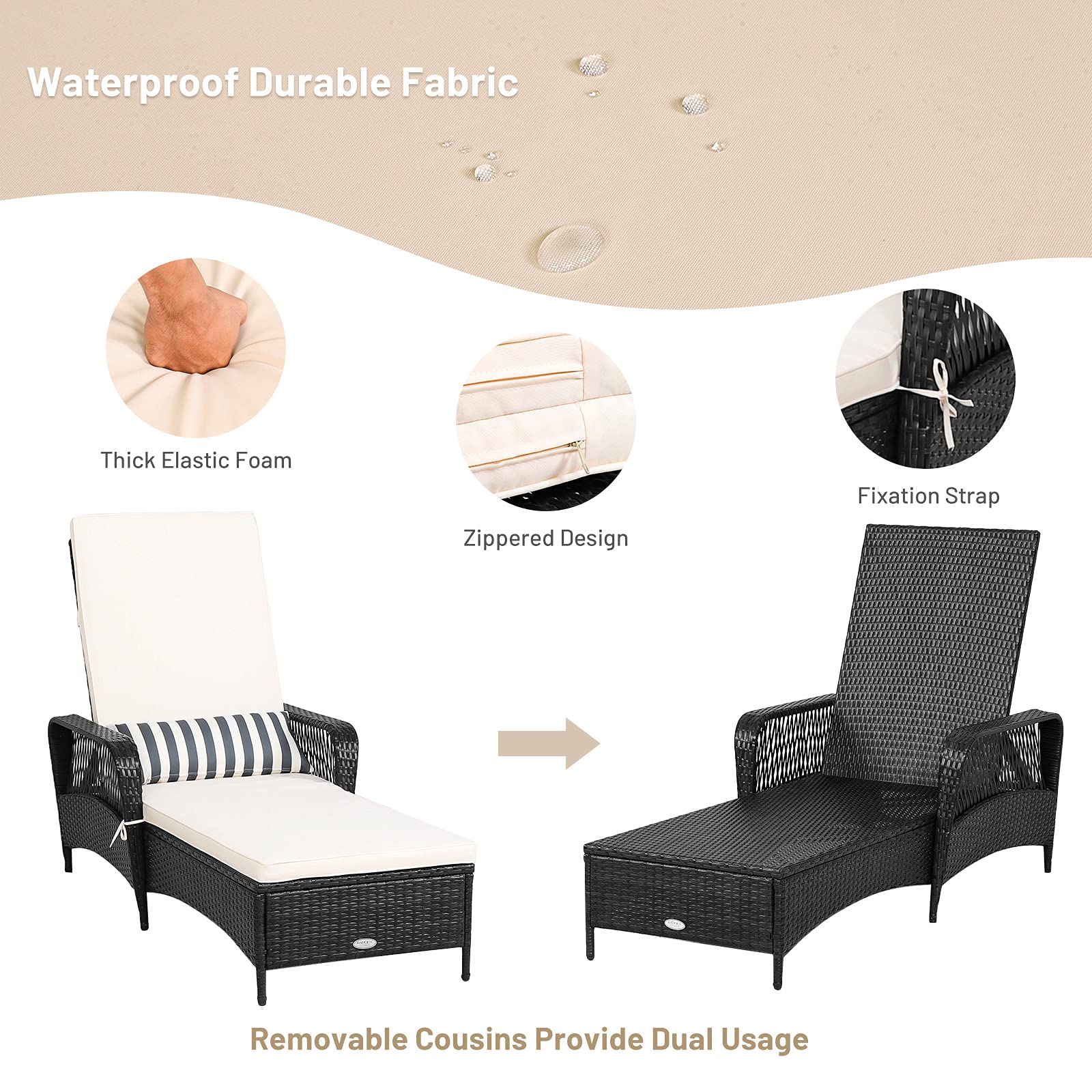 RELAX4LIFE Outdoor PE Rattan Chaise Lounge Chair with Thick Cushion & Lumbar Pillow - 6-Position Adjustable Recliner, Non-Slip Feet - Perfect for Patio, Poolside, Garden, Beach Sunbathing & Backyard Relaxation