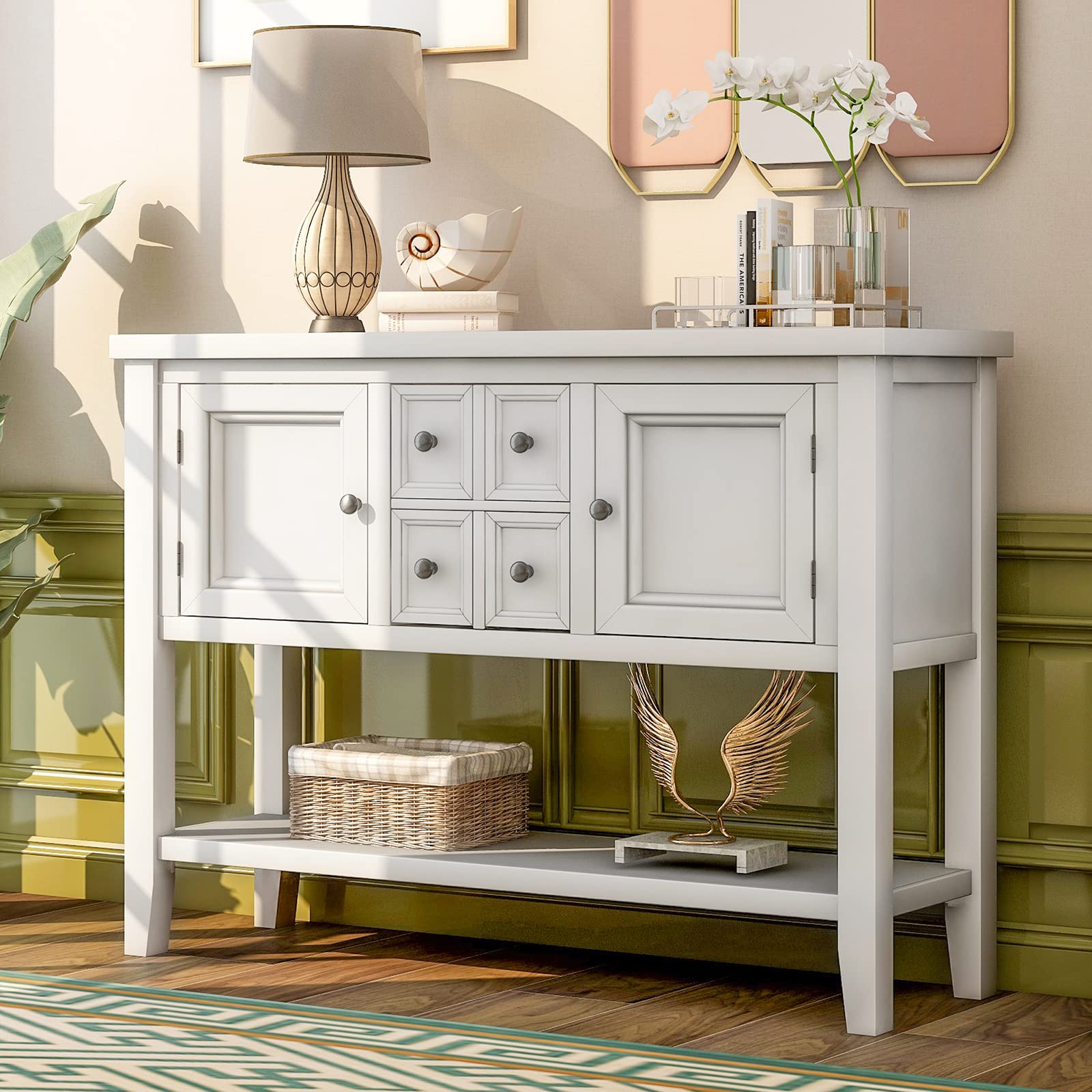 Rustic White Console Table with 4 Drawers & Open Shelf - Entryway Sideboard, Buffet Storage Cabinet for Living Room | Distressed Finish, Easy Assembly | Perfect for Hallway Decor, Farmhouse Dining Room Storage & Entry Organizer