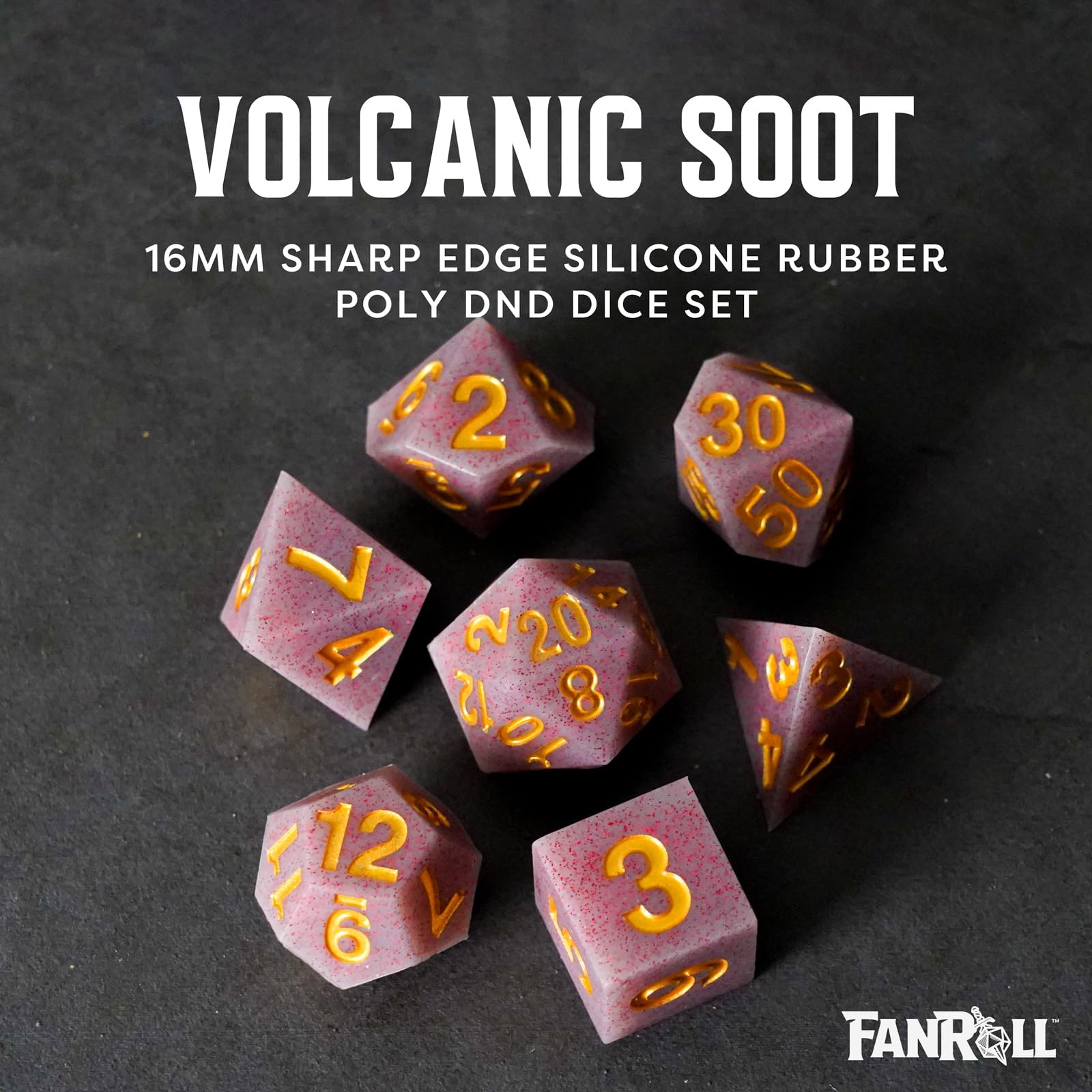 FanRoll 16mm Sharp Edge Silicone Rubber Polyhedral DND Dice Set - Volcanic Soot Color RPG Dice for Dungeons & Dragons, Pathfinder, MTG and Tabletop Gaming