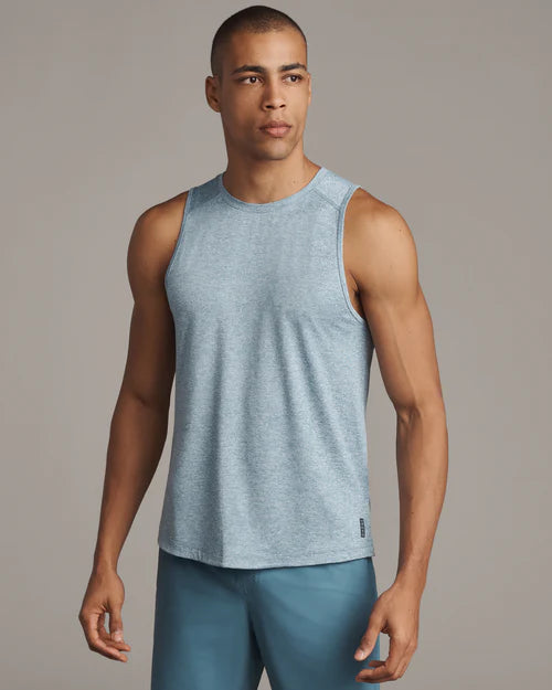 Rhone Men's Performance Atmosphere Tank Top - Moisture Wicking, Breathable Workout Shirt in Blue Stone/White Heather for Gym, Running & Outdoor Activities