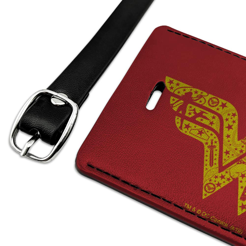 Wonder Woman Logo Leather Luggage Tag - Rectangle ID Card Holder for Travel Bags & Suitcases | DC Comics Superhero Gift for Fans