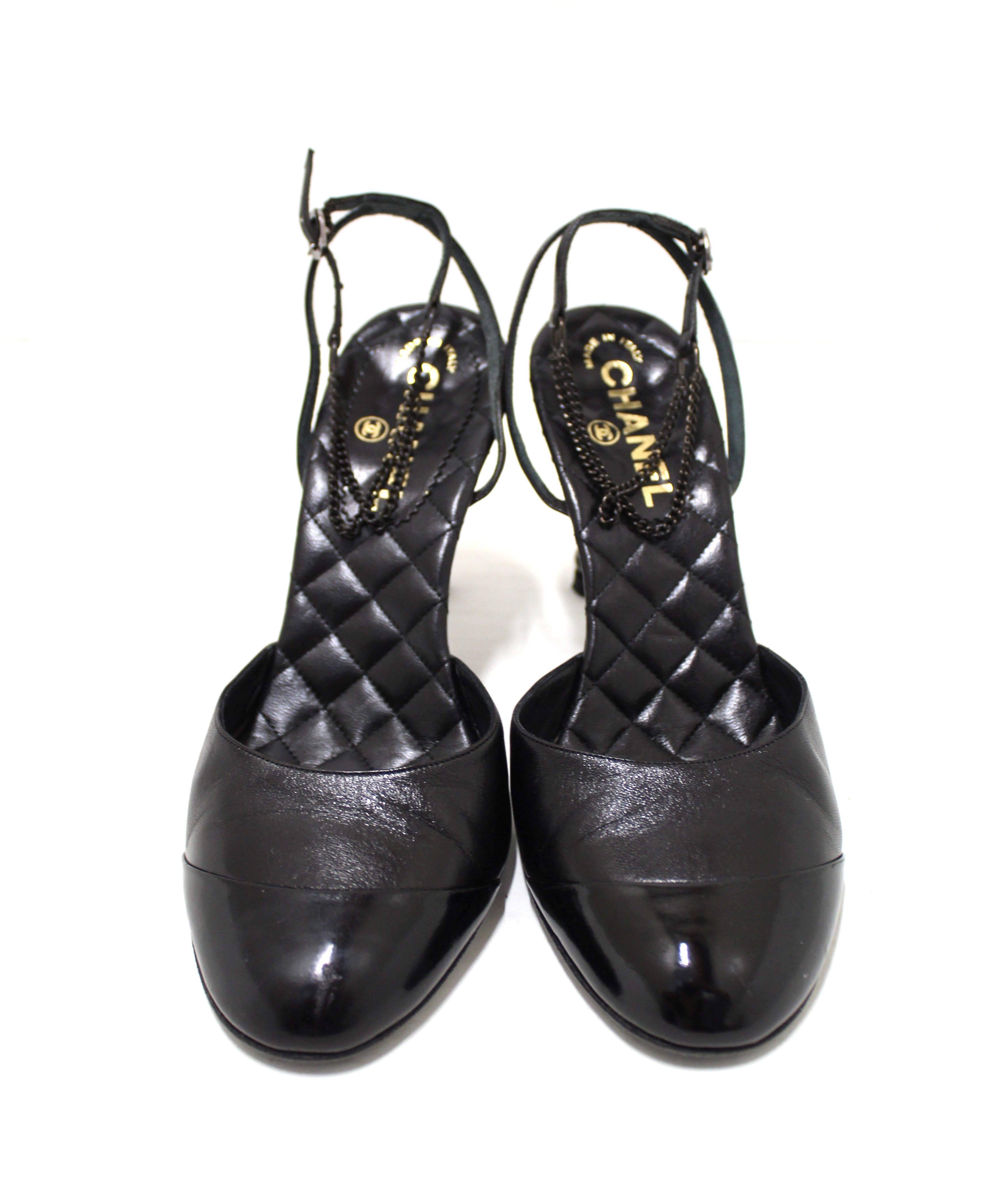 Authentic Chanel Black Leather Quilted Strap Chain Sandal Heel Shoes Women's Size 38 - Luxury Designer High Heels for Evening Parties, Weddings & Special Occasions