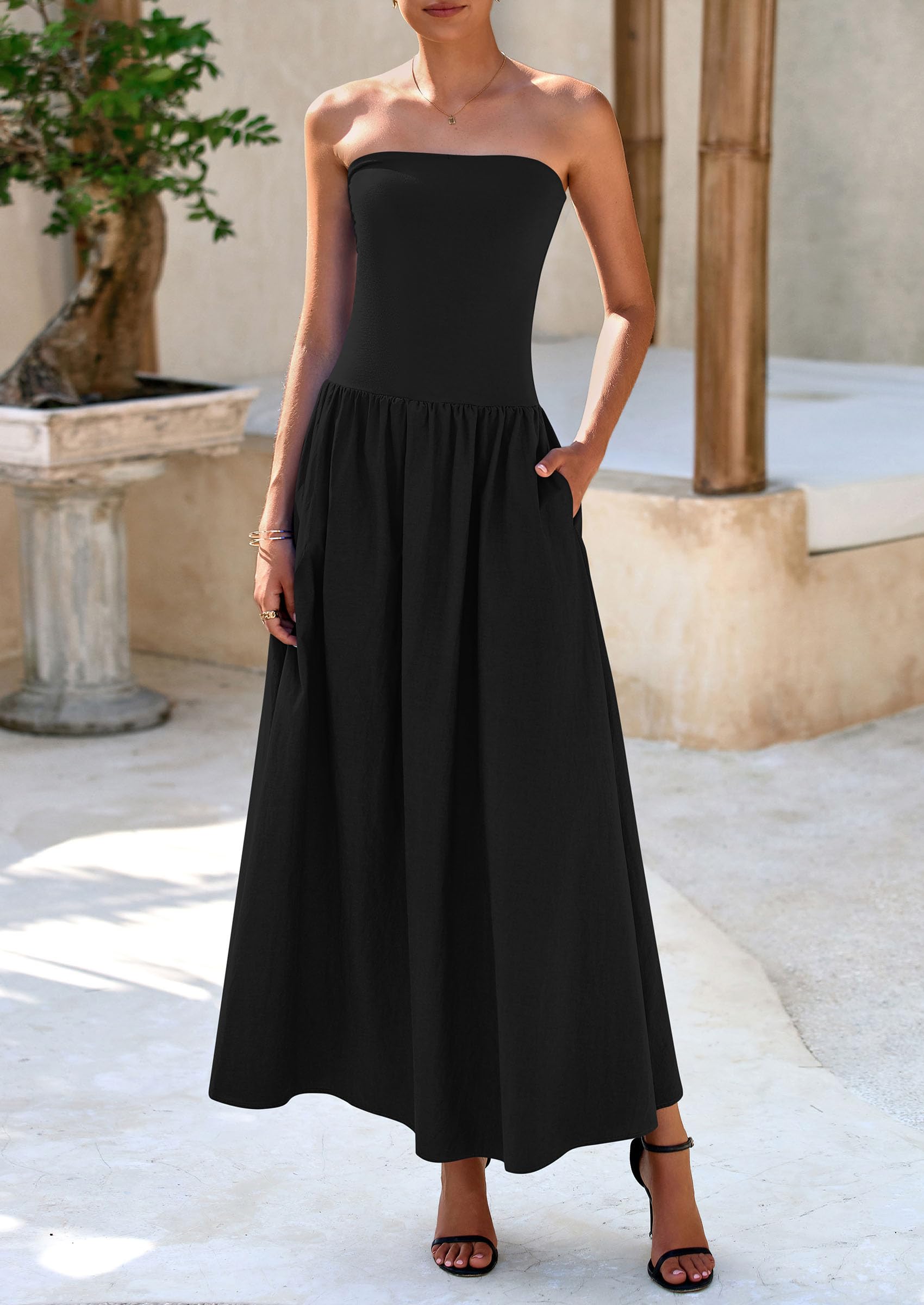 PRETTYGARDEN Women's Strapless Maxi Dress 2025 - Patchwork Long Flowy Summer Dress with Pockets | Elegant Tube Top Dress for Beach, Wedding & Party Wear