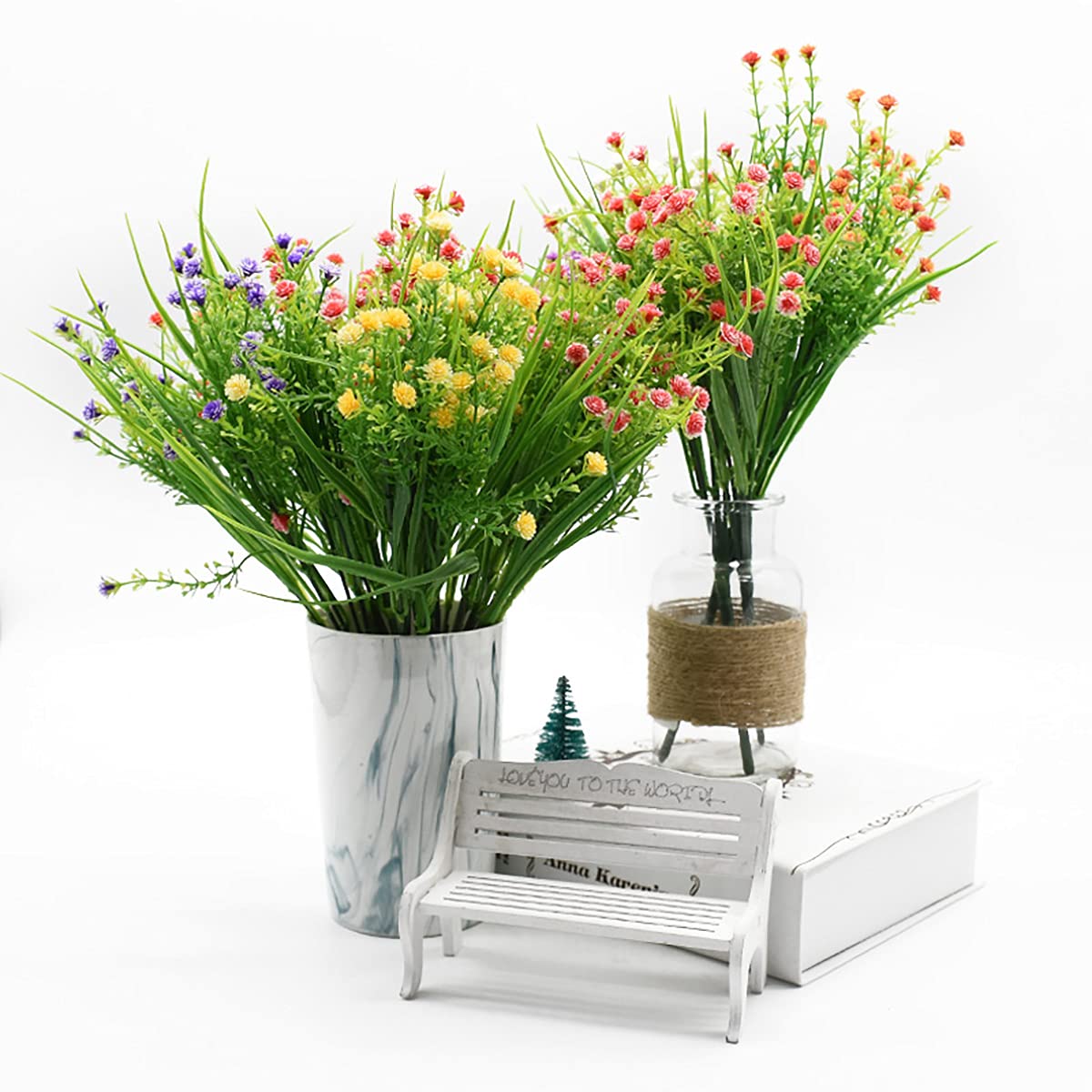 Queenbox 12.6 Inch Artificial Flowers Fake Plastic Plants - White Leaves Branches Bouquet for Wedding Centerpieces, Table Vase Decor, Home & Office Decorations | Perfect for Weddings, Parties, and Home Décor