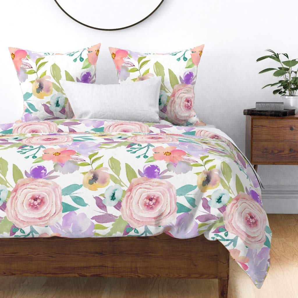 Floral Watercolor Botanical Duvet Cover Twin - 100% Cotton Sateen Custom Bedding Set for Nursery, Modern Chic Print - Perfect for Kids' Rooms, Guest Bedrooms & Boho Home Decor