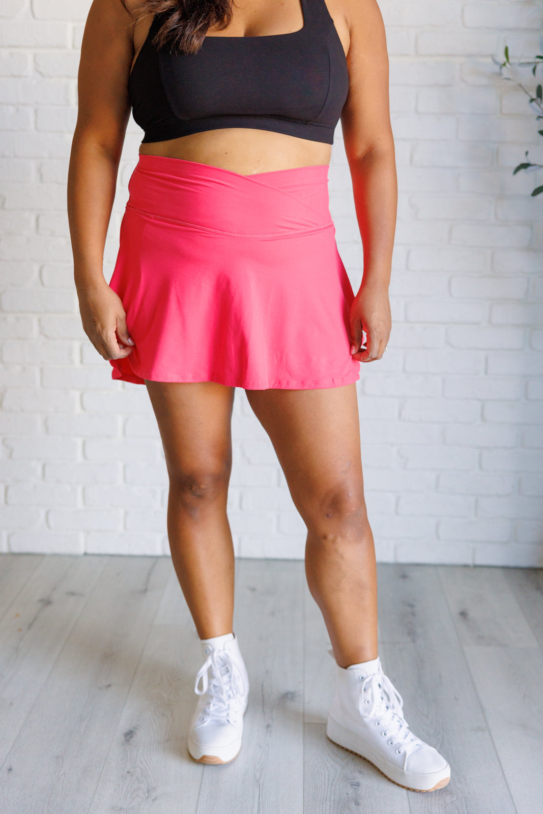 Full Force V Shaping High Waist Skort in Flamingo Pink - Women's Athletic Tennis Skirt with Built-in Shorts for Running, Yoga & Gym Workouts
