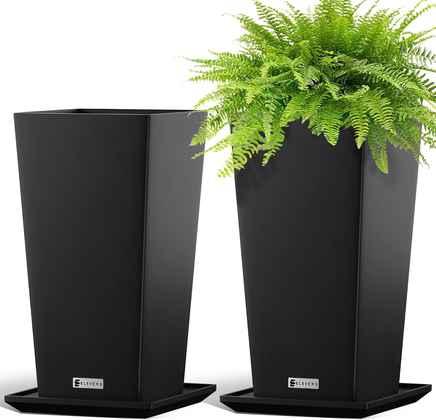Elevens 29 Inch Tall Tapered Square Planters - 2 Pack Large Indoor/Outdoor Garden Flower Pots with Drainage Tray - Perfect for Patio, Balcony, Living Room & Office Decor (Black)