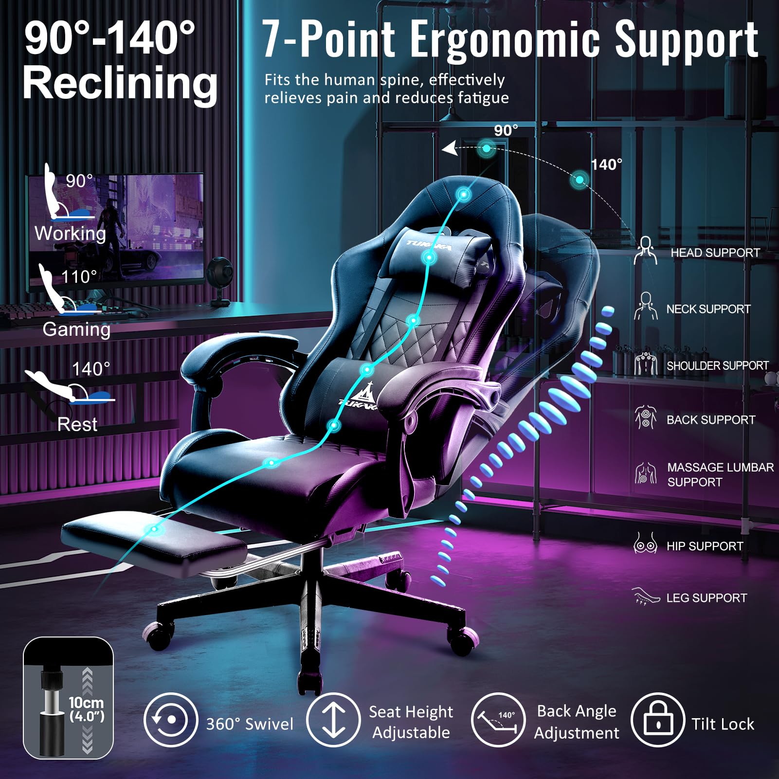 Premium Ergonomic Gaming Chair with Massage, Footrest & Adjustable Lumbar Support - Reclining Leather Office Desk Chair for PC Gamers - Perfect for Esports, Streaming & Long Work Sessions - Black