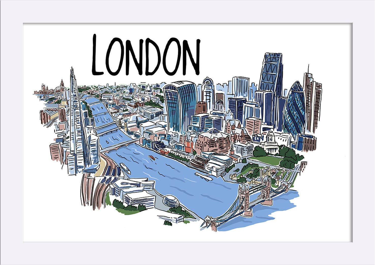London England Cityscape Line Drawing - 12x18 Giclee Fine Art Print with Recycled Wood Frame in White | Wall Decor for Living Room, Office & Gift