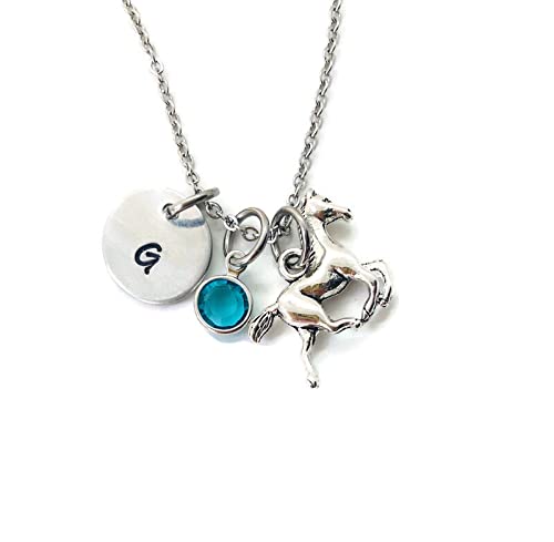 Personalized Horse Charm Initial Necklace with Birthstone - Custom Engraved Equestrian Jewelry for Women - Perfect Gift for Horse Lovers, Riders & Equestrian Enthusiasts - Ideal for Birthdays, Anniversaries & Special Occasions
