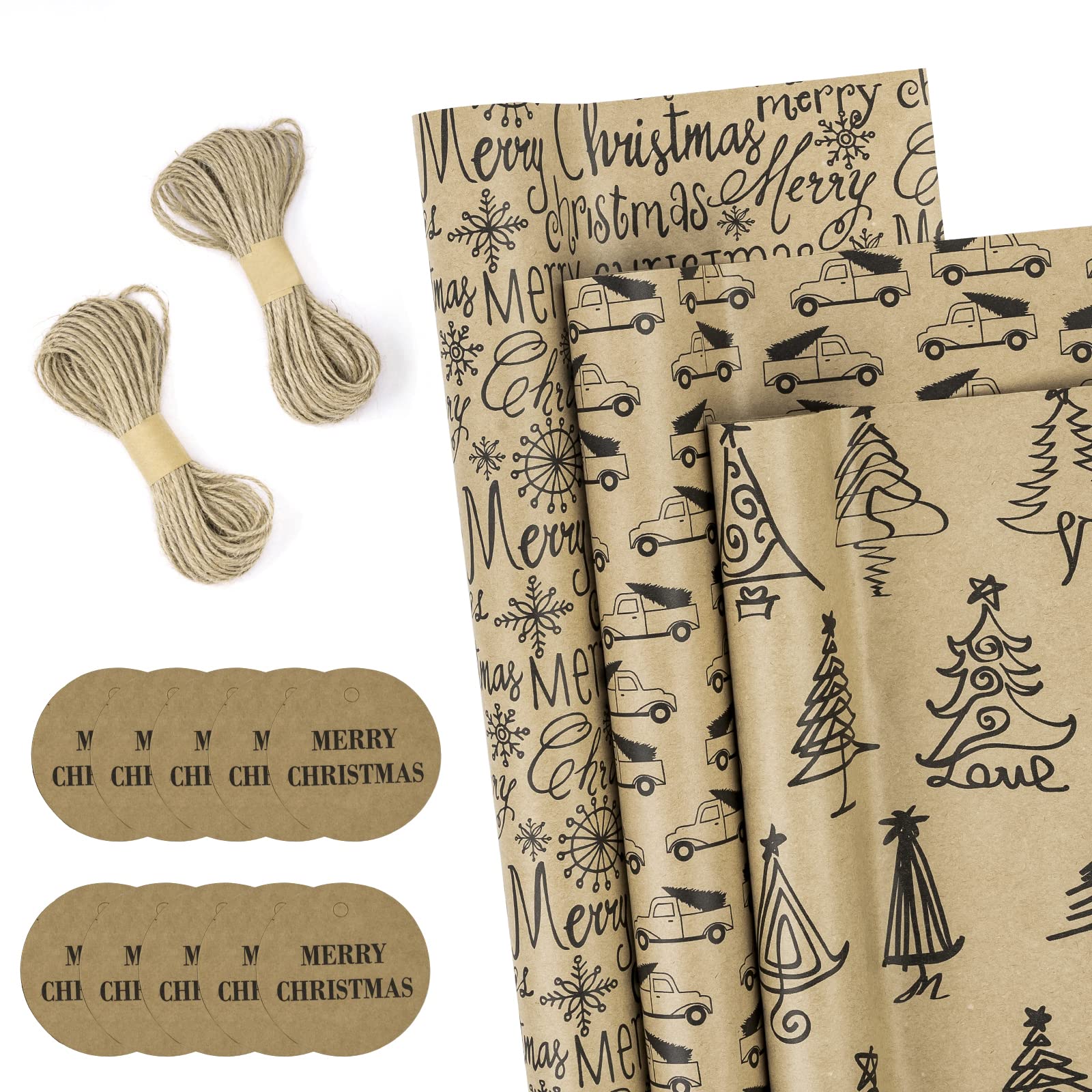 Festive Christmas Wrapping Paper Rolls with Gift Tags & Jute String - 17