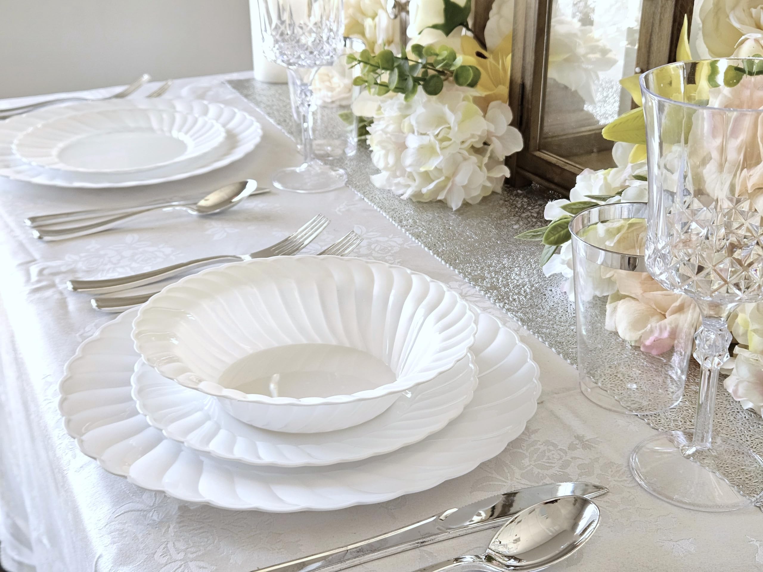 960-Piece Vintage Wedding Party Disposable Plastic Plate Set (120 Guests) - Includes 10.25'' & 7.5'' Plates, Silverware, Cups & Napkins in Blossom White - Perfect for Weddings, Bridal Showers & Anniversary Celebrations