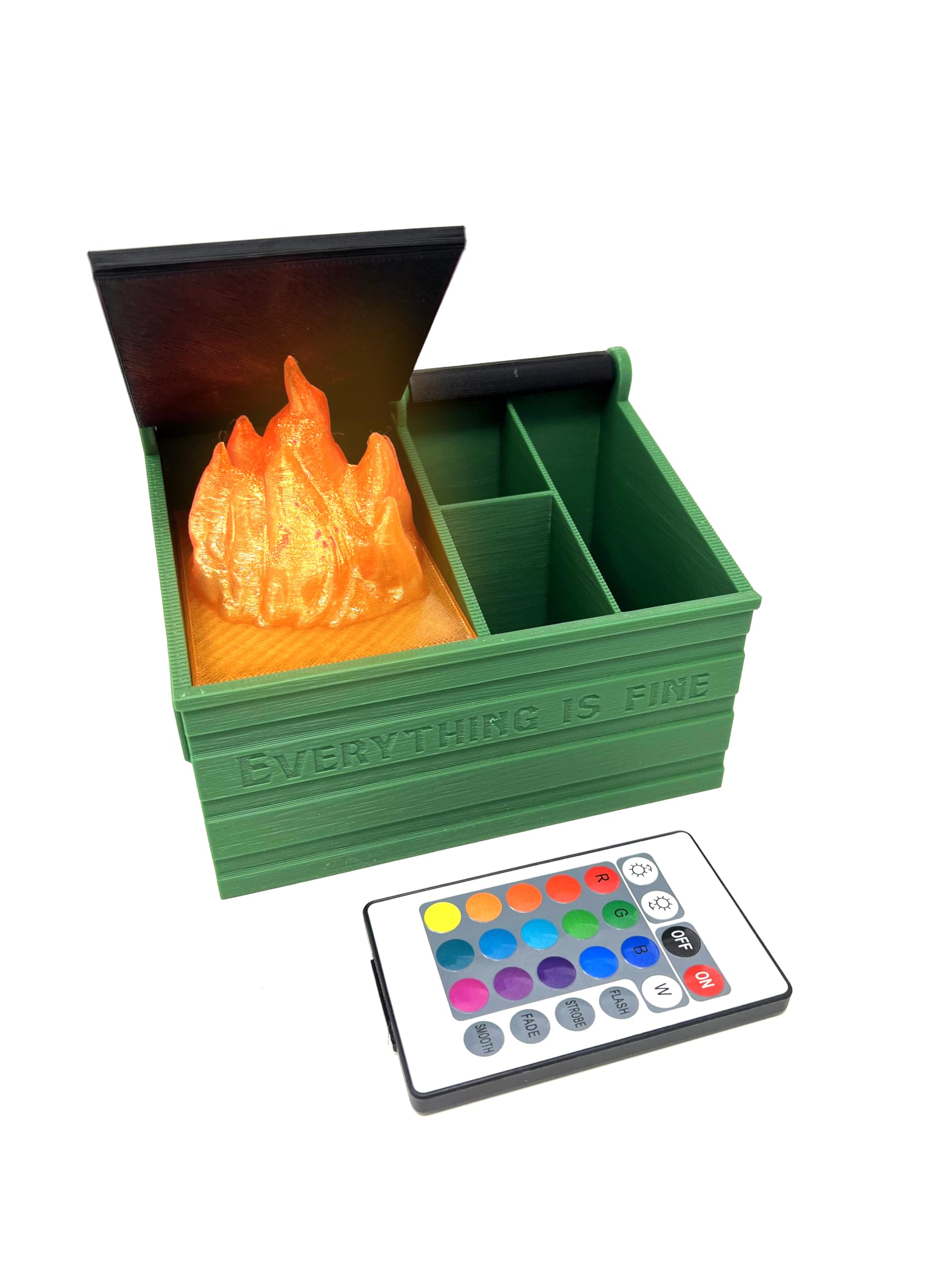 MunnyGrubbers Dumpster Fire Desk Organizer with Removable LED Flame & Remote - Funny Office Decor, Coworker Gag Gift, Employee Appreciation Present - Perfect for Prank Gifts, Work Desk Organization & Stress Relief (Green)