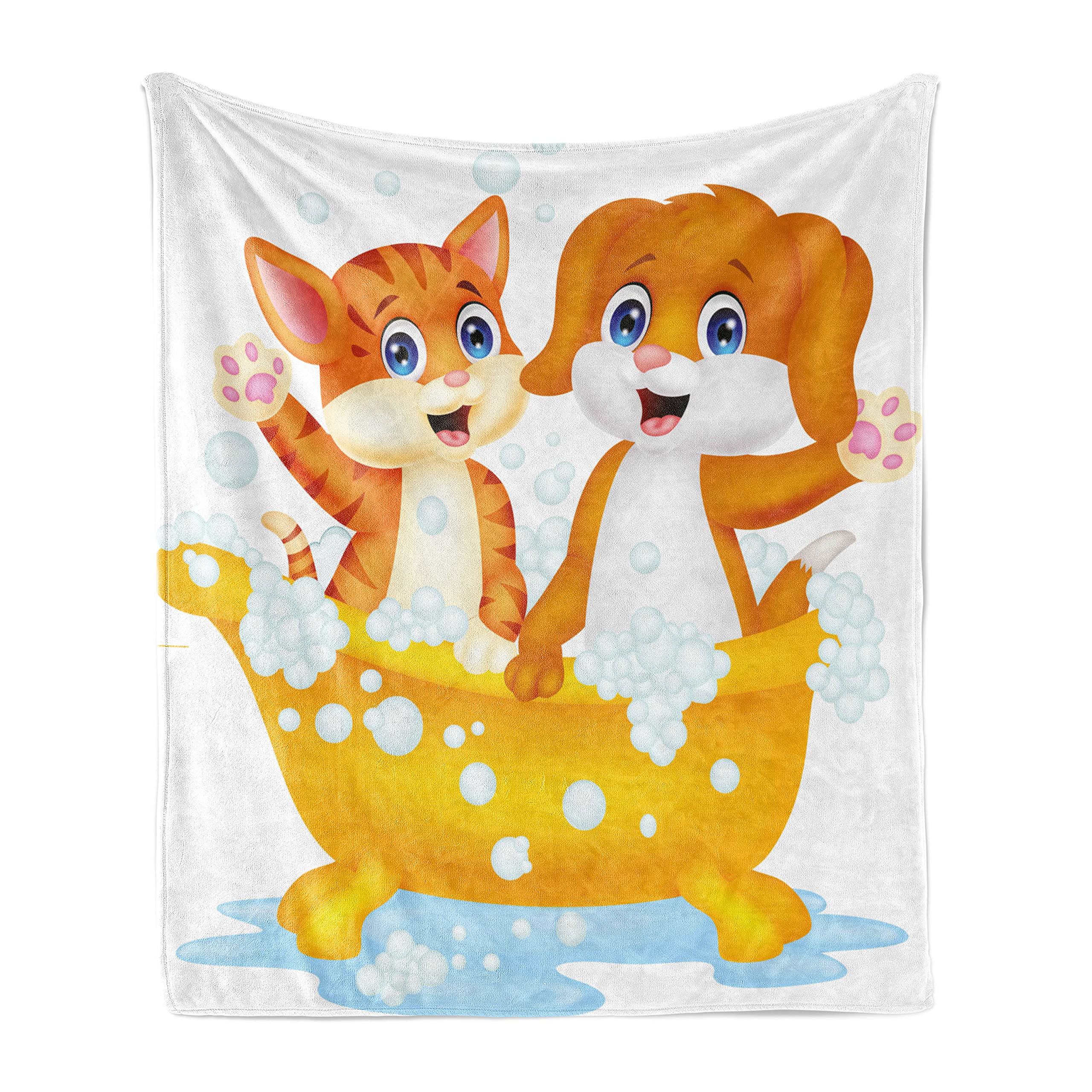 Ambesonne Flannel Fleece Throw Blanket - Cartoon Cat & Dog in Bathtub with Bubbles Design, Soft Cozy Accent Blanket for Couch, Bed, Sofa (60x80 Inches, Yellow Brown Blue) - Perfect for Living Room Decor, Gift Ideas & Winter Warmth
