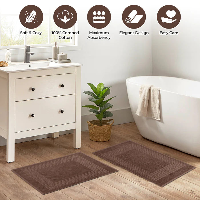 Premium Cotton 2-Piece Greek Key Border Bath Mat Set - Ultra Absorbent, Non-Slip Bathroom Rug - Perfect for Modern Bathrooms, Master Suites & Spa-Like Retreats