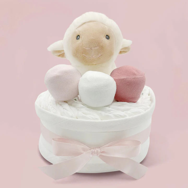 Little Lamb Diaper Cake - Pink Baby Shower Gift, Newborn Essentials, Gender Reveal Decor (LBG1055) | Perfect for Baby Showers, Nursery Decor & First Birthday Parties