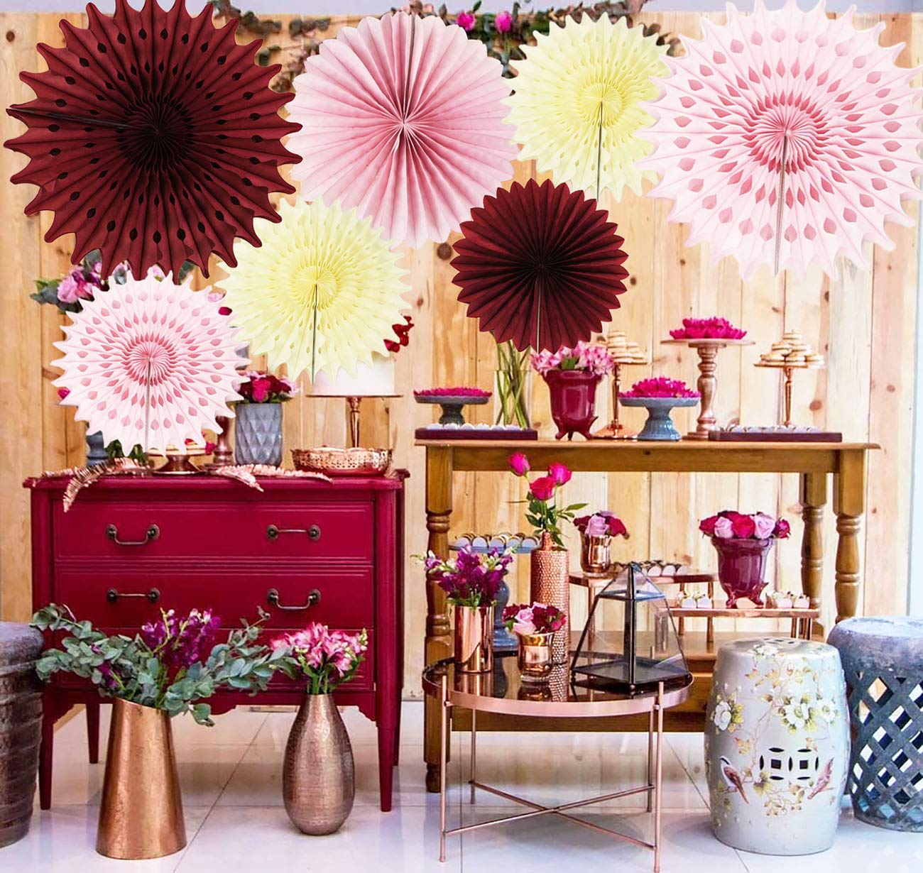 7pcs Burgundy Cream Pink Pinwheels Tissue Paper Fans - Elegant Party Decorations for Birthday, Bridal Shower, Valentine's Day & Fall Bachelorette Party | Perfect for Wedding, Baby Shower & Home Decor