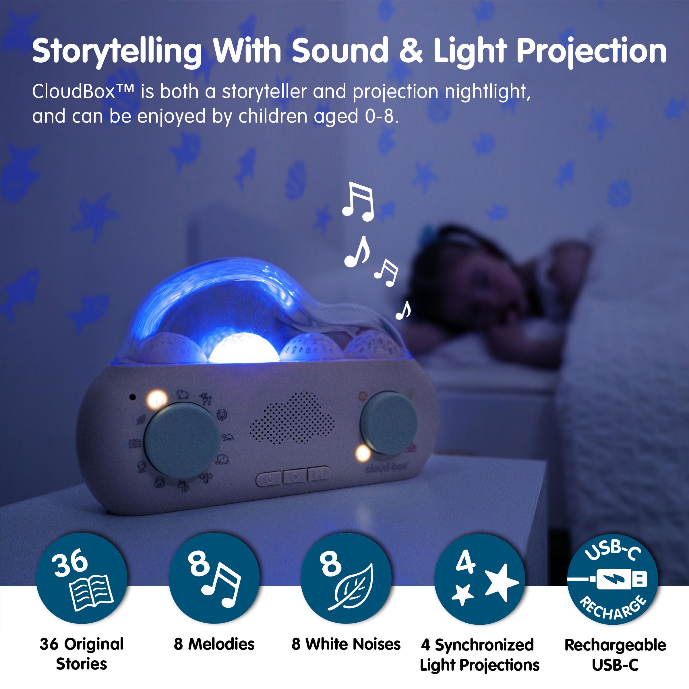 Cloud b CloudBox - My First Dreambox Night Light Projector for Kids | Bilingual English/Spanish Storyteller with 36 Stories, 8 Melodies & 8 Soothing White Noises | Rechargeable Baby Night Light with Adjustable Brightness & Auto-Off Timer | Perfect for Bedtime, Nursery, and Relaxation