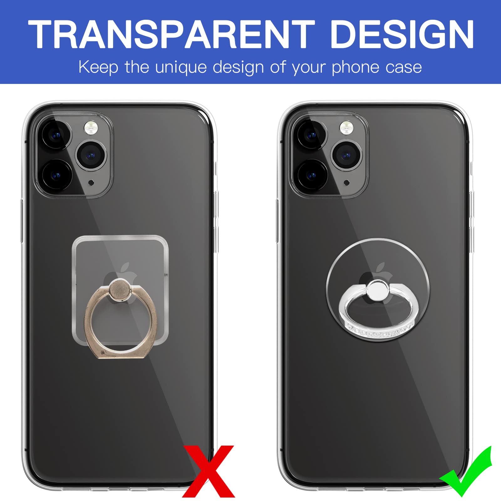 360° Rotating Transparent Phone Ring Stand - Silver & Diamond for Secure Grip & Hands-Free Viewing
