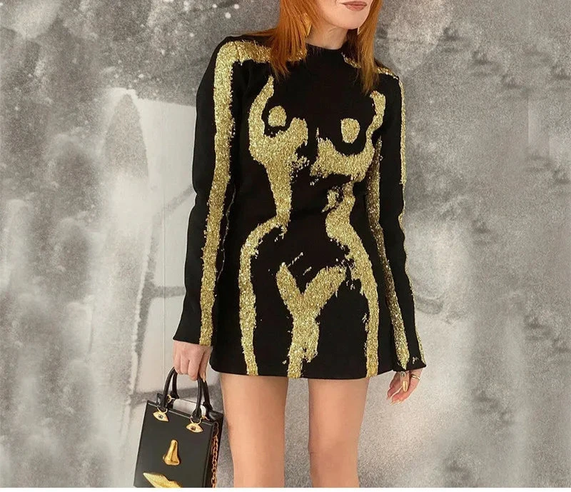 Black Bandage Dress - Sexy Mini Party Dress with Gold Accents for Women | Cocktail & Evening Outfits | Perfect for Nightclubs, Dates & Special Events