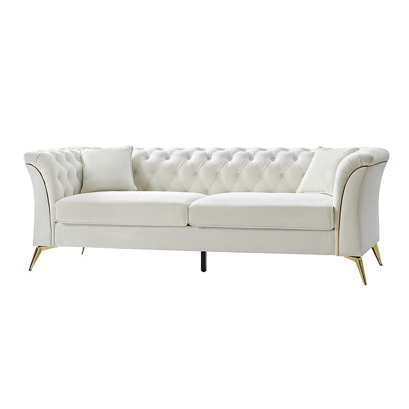 Modern Luxury Glam Velvet Sofa with Tufted Buttons & Gold Metal Accents - Elegant Living Room Furniture for Home Decor, Lounge & Entertaining