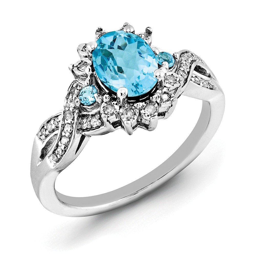 Oval Light Blue Topaz & Diamond Halo Sterling Silver Ring - 0.15ctw (H-I Color, I2-I3 Clarity) - Elegant Jewelry for Women, Perfect for Engagement, Anniversary & Special Occasions