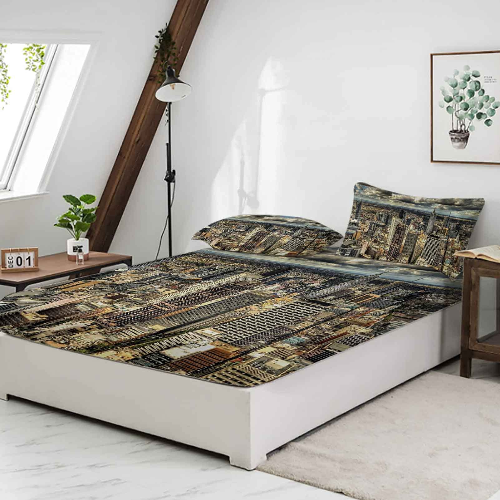 Queen Size Fitted Sheet Set - Melbourne Cityscape Modern Architecture Design with Dramatic Sky Print, 3-Piece Includes 1 Fitted Sheet & 2 Pillow Cases, 15