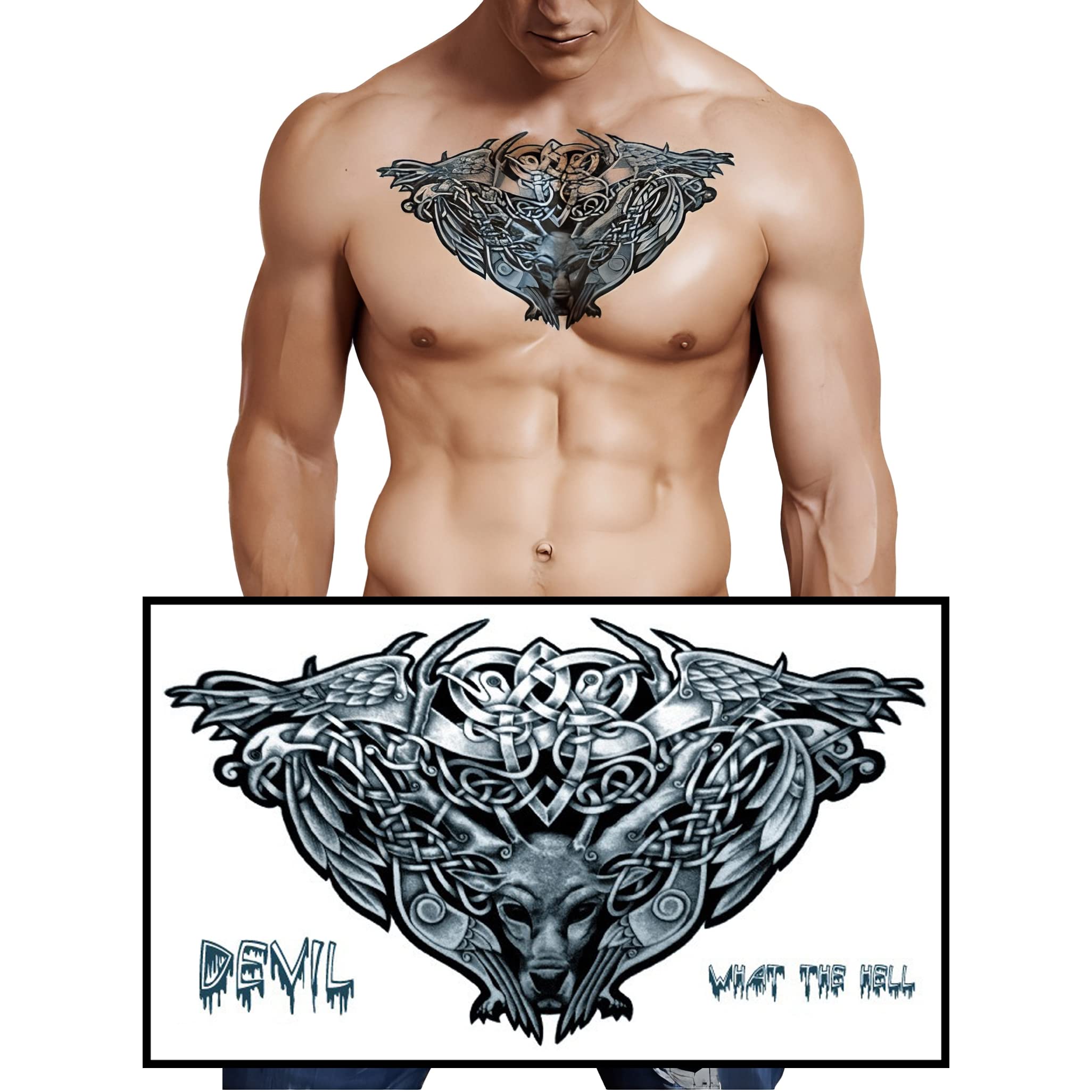 Waterproof Temporary Tattoos for Men & Women - Devil 'What The Hell' Text with Totem Design - 24x14cm Chest, Waist & Back Body Art - Perfect for Parties, Halloween & Costume Events