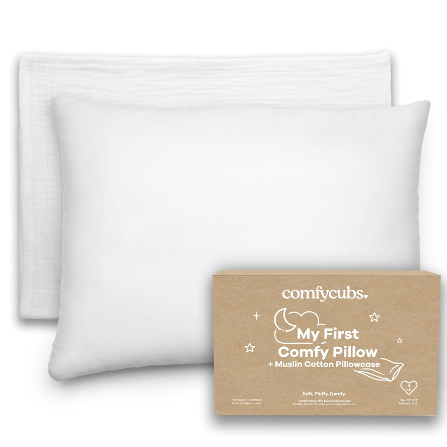 Comfy Cubs Toddler Pillow with Soft Muslin Cotton Pillowcase - Hypoallergenic & Breathable Baby Pillow for Nursery, Travel & Nap Time