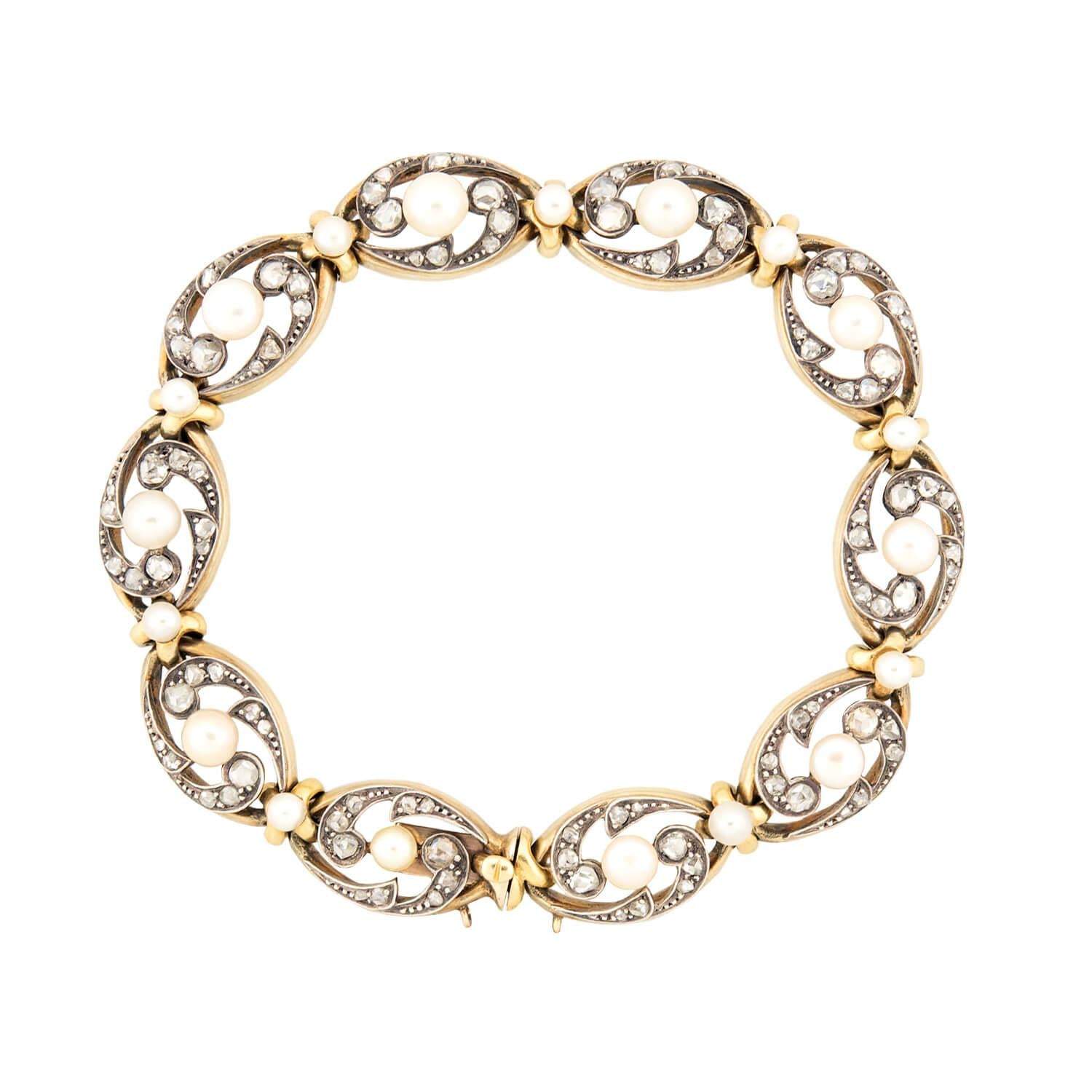 18K Gold & Sterling Silver Victorian French Pearl Diamond Bracelet for Women - Elegant Jewelry Gift for Weddings, Anniversaries & Special Occasions