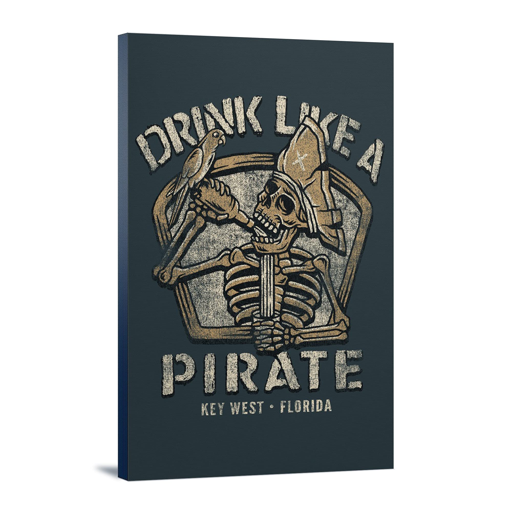 Key West Florida Pirate Themed Canvas Print - 24x36 Gallery Wrapped Stretched Wall Art for Home, Bar & Office Decor | Tropical Coastal Nautical Theme