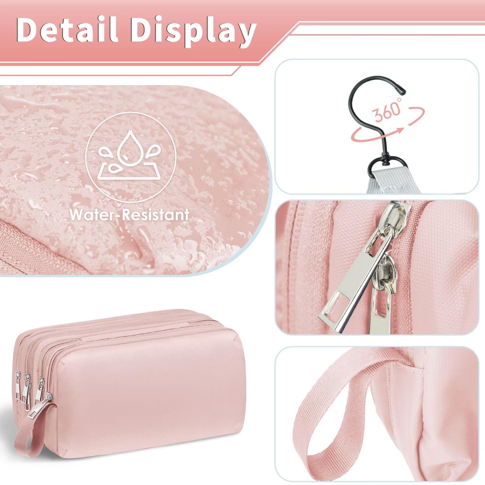 TOPEAST Hanging Travel Toiletry Bag for Women - Waterproof Cosmetic Organizer with Multiple Pockets for Makeup, Shampoo, Skincare | Perfect for Bathroom Door, Hotel Room Essentials & Weekend Getaways (Pink)