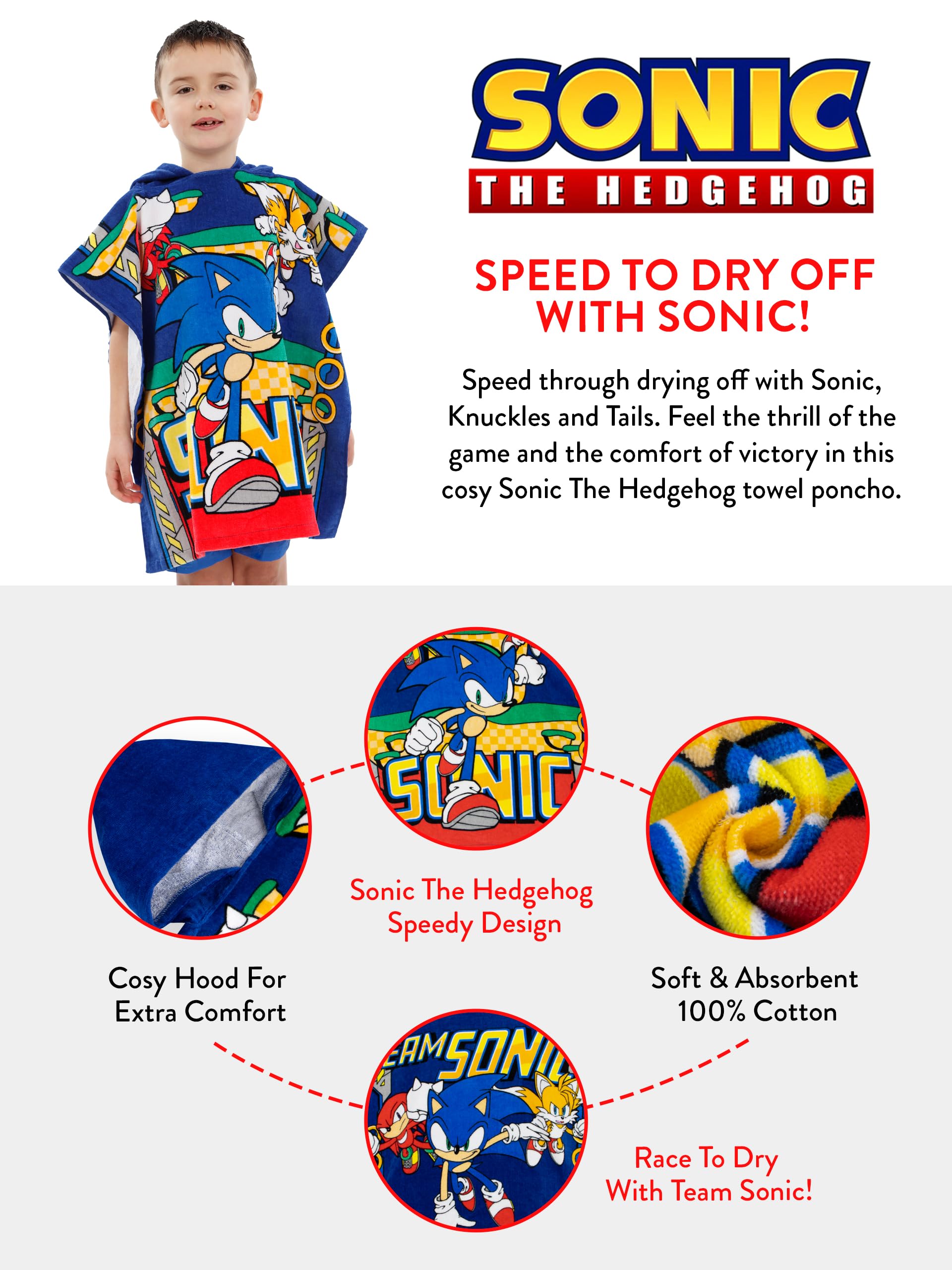 Sonic the Hedgehog Hooded Towel Poncho for Boys & Kids - Super Soft Bath Towel for Swimming, Beach & Playtime - One Size Fits All - Blue