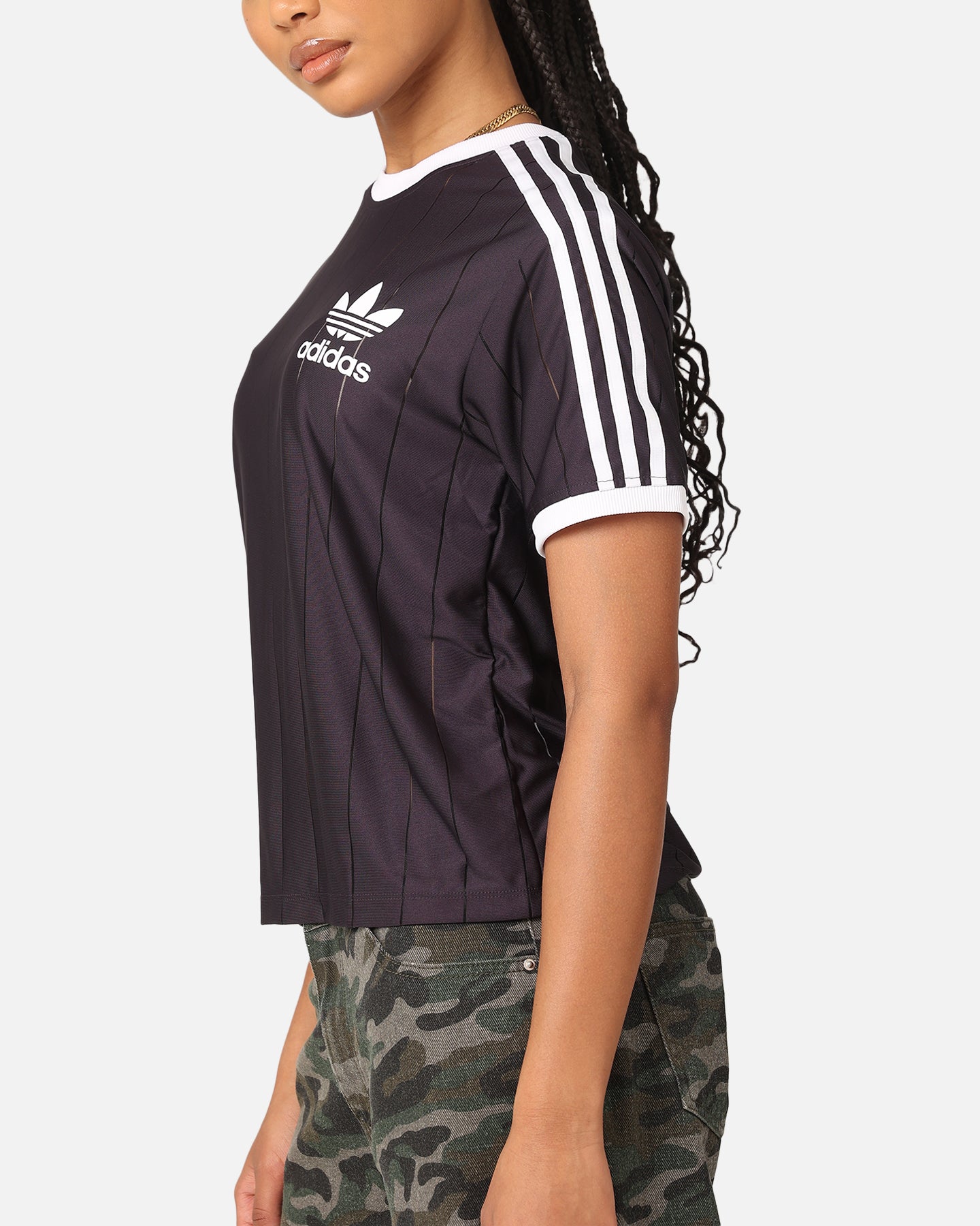 Adidas Women's 3 Stripes Pinstripe T-Shirt - Aurora Black | Casual Cotton Tee for Running, Gym & Everyday Wear