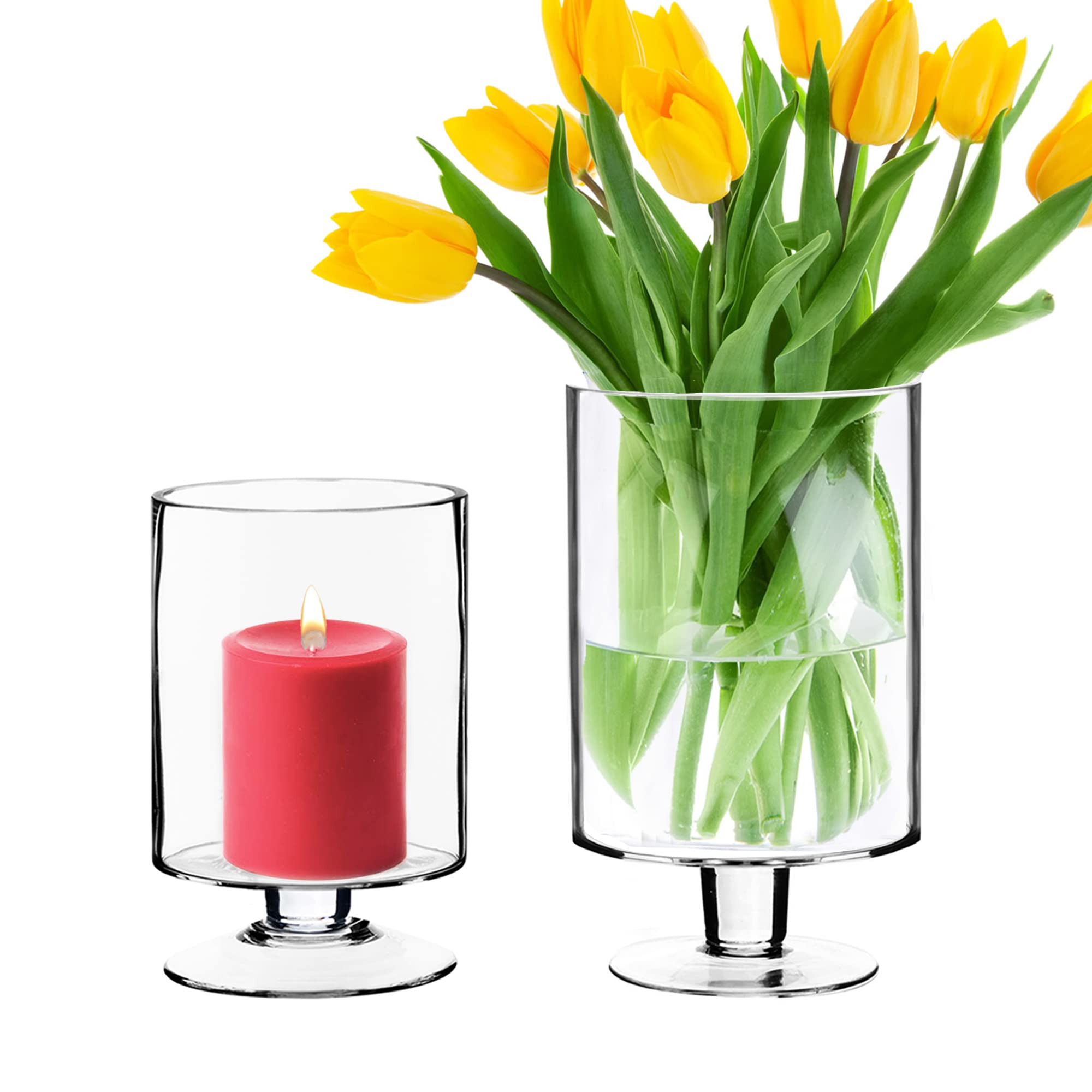 Elegant Glass Hurricane Pillar Candle Holders Set of 2 (8