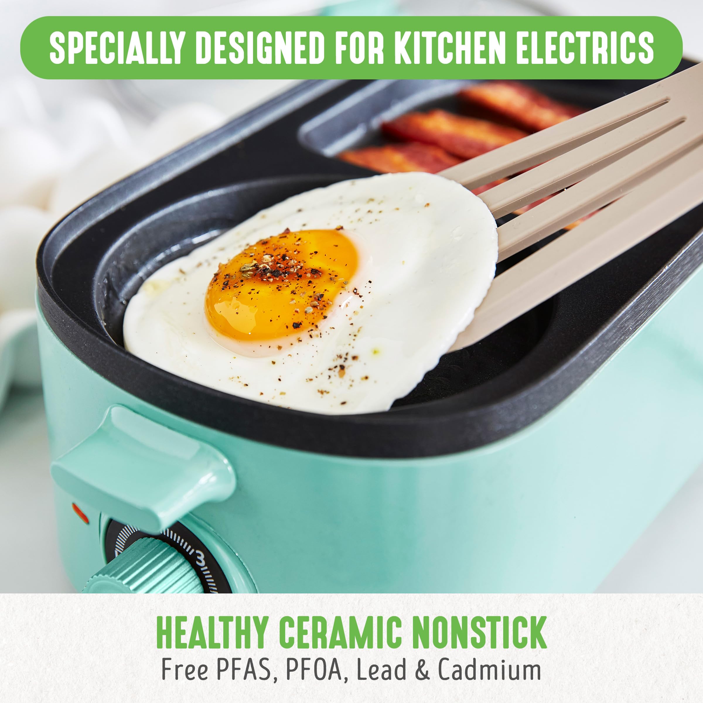 GreenLife 3-in-1 Breakfast Maker Station - Healthy Ceramic Nonstick Dual Griddles for Eggs, Meat, Sausage, Bacon, Pancakes & Breakfast Sandwiches with 2-Slice Toast Drawer & Easy Timer - Perfect for Quick Breakfasts, Family Meals & Small Kitchens (Turquoise)