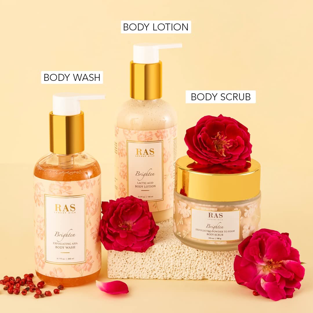 RAS Luxury Oils Brightening Exfoliating Body Wash - Sulfate Free, Himalayan Rose & Pink Pepper Scent, AHA Formula for Glowing Skin - Gentle Exfoliation for Men & Women (200ml) | Perfect for Daily Shower Routine & Spa-Like Experience at Home